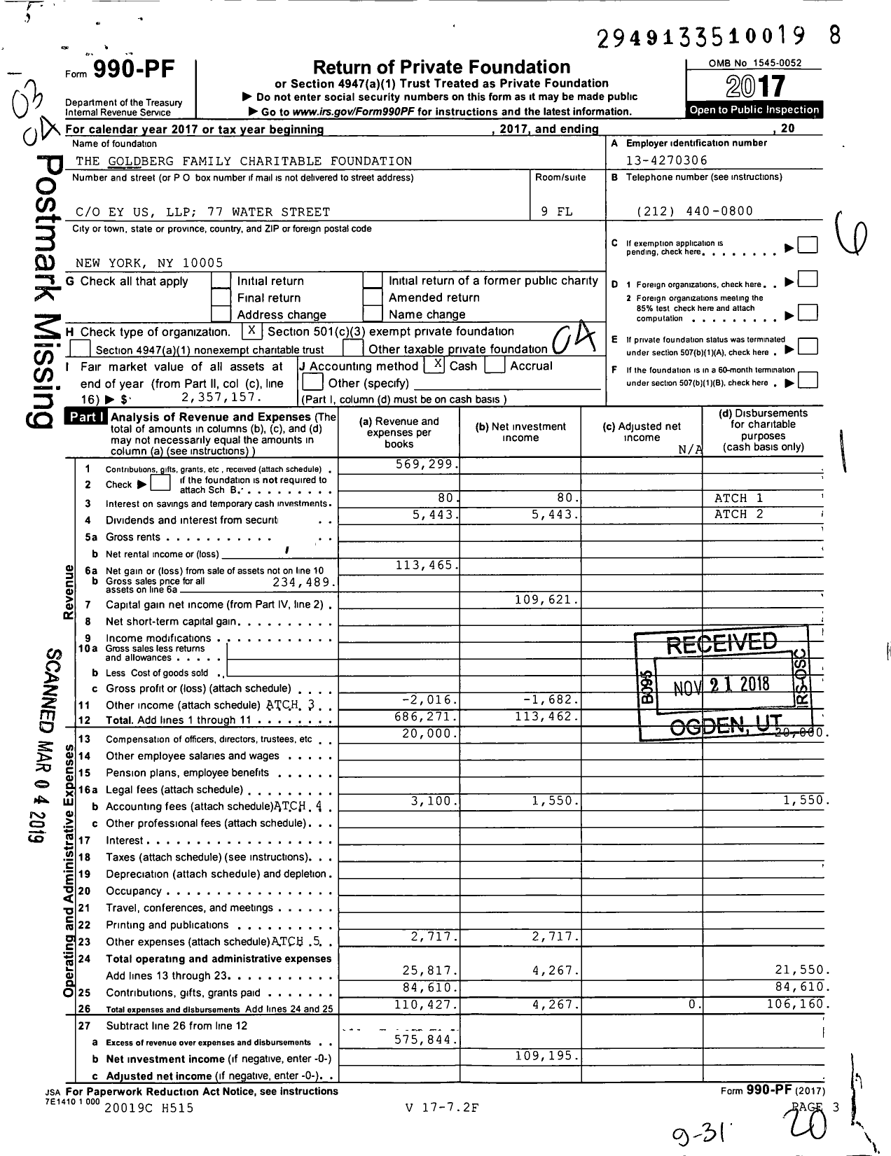 Image of first page of 2017 Form 990PF for The Goldberg Family Charitable Foundation