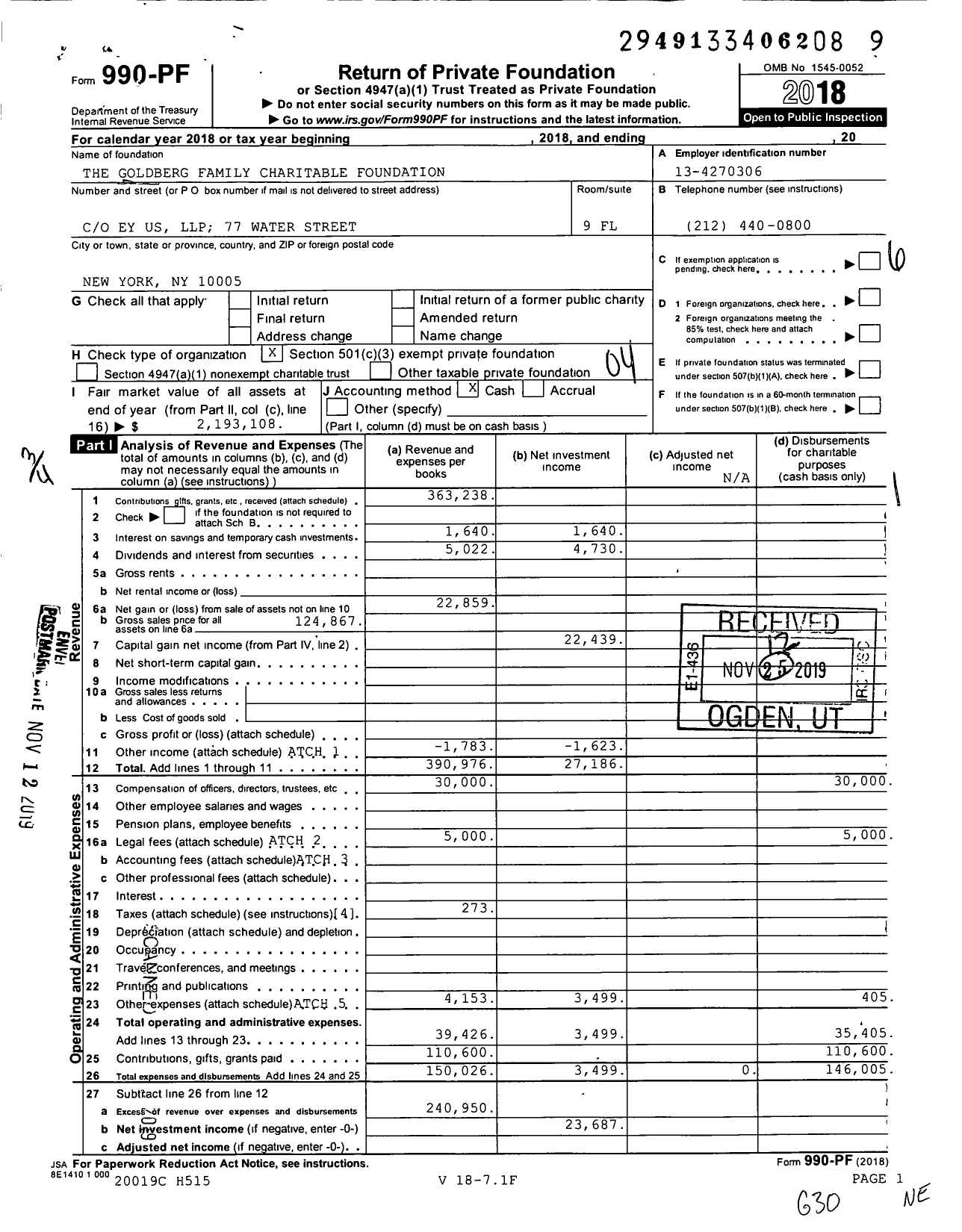 Image of first page of 2018 Form 990PF for The Goldberg Family Charitable Foundation