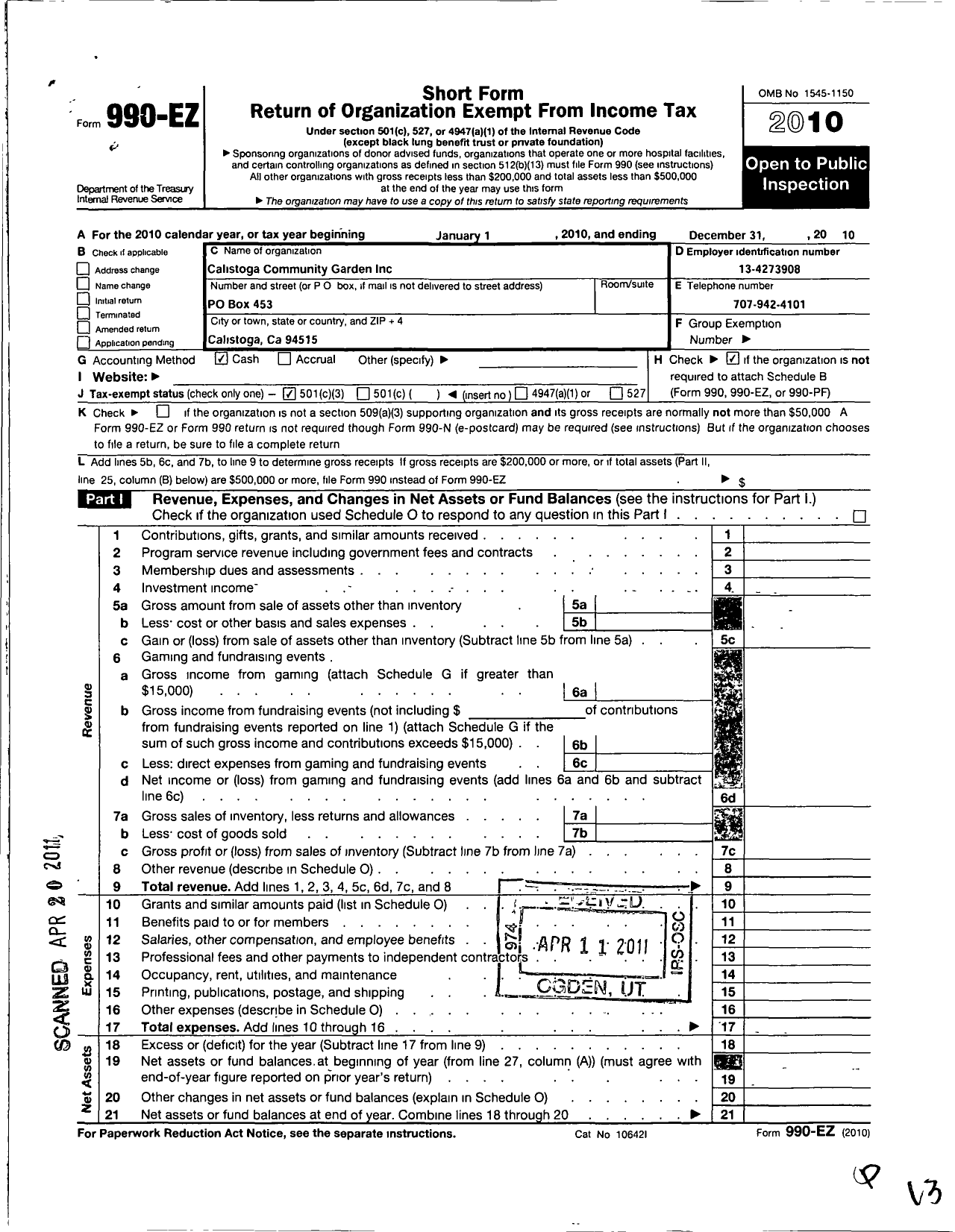 Image of first page of 2010 Form 990EZ for Calistoga Community Garden