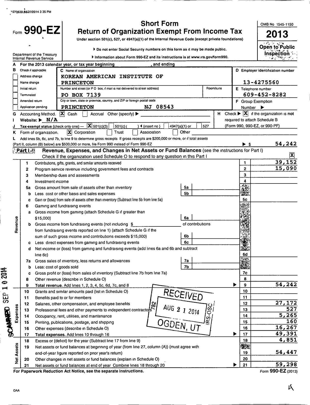 Image of first page of 2013 Form 990EZ for Korean American Institute of Princeton