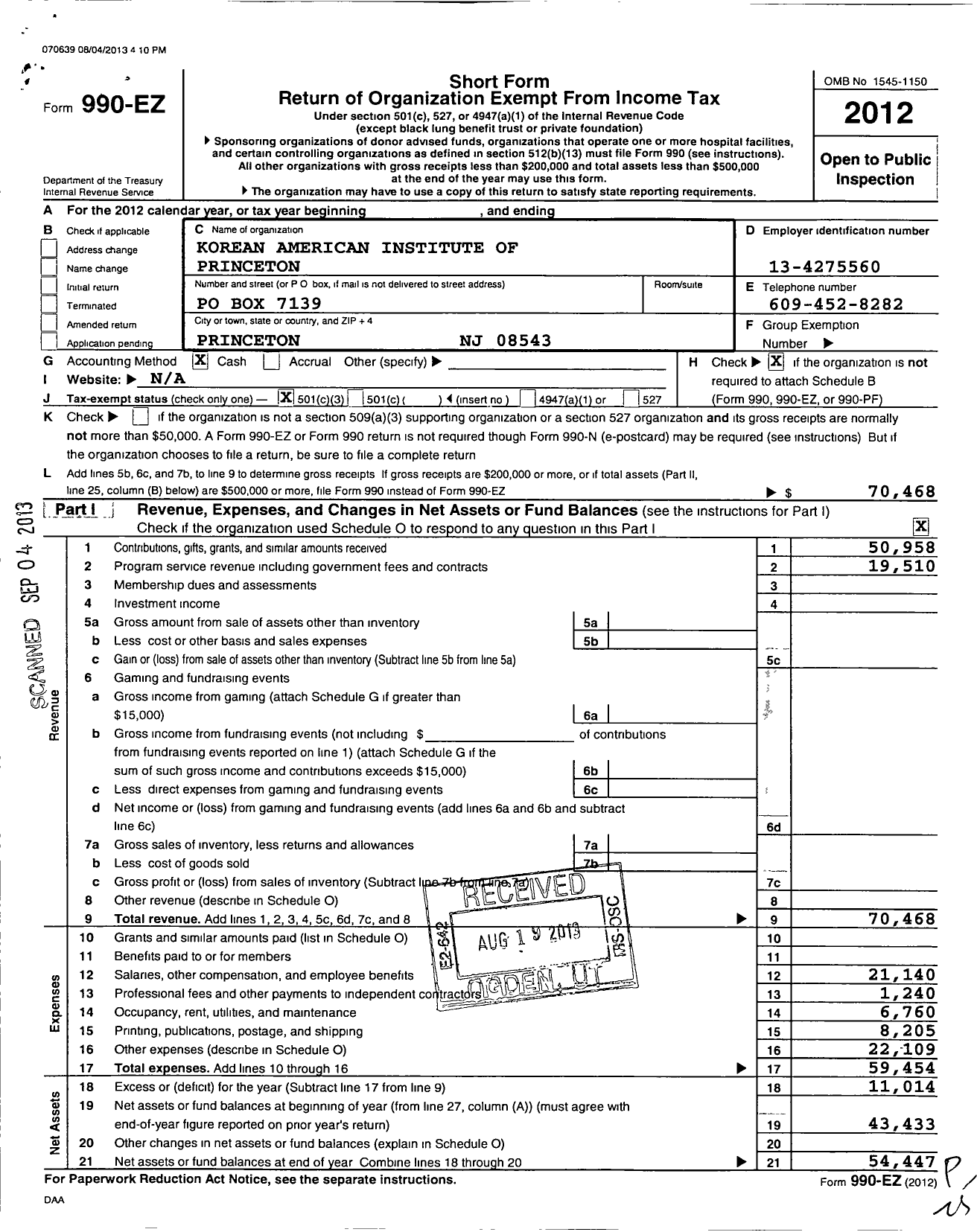 Image of first page of 2012 Form 990EZ for Korean American Institute of Princeton