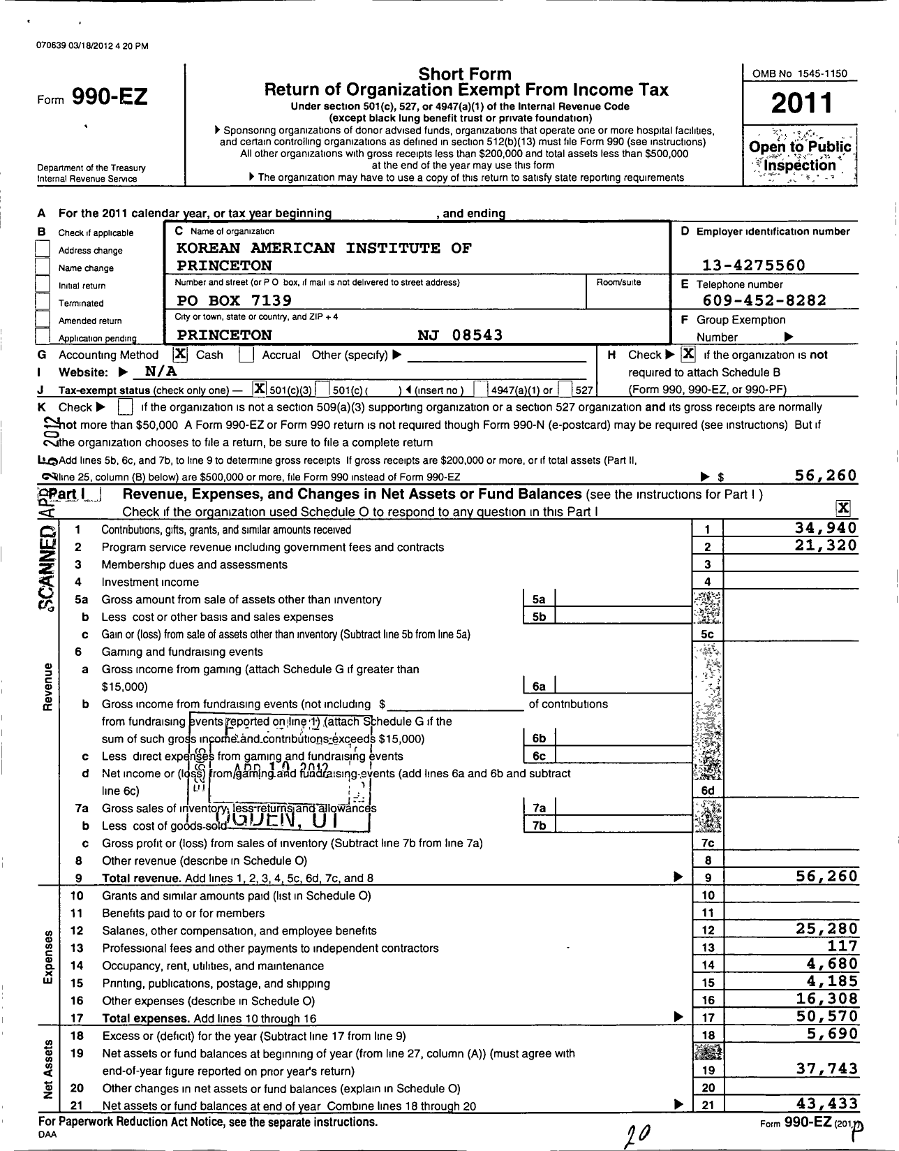 Image of first page of 2011 Form 990EZ for Korean American Institute of Princeton