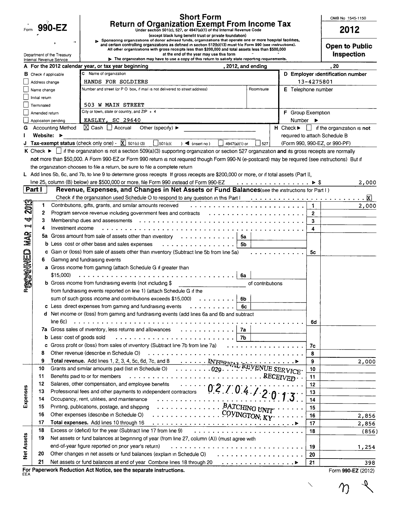 Image of first page of 2012 Form 990EZ for Hands for Soldiers