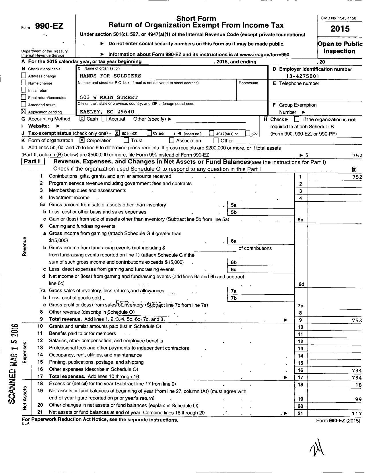 Image of first page of 2015 Form 990EZ for Hands for Soldiers