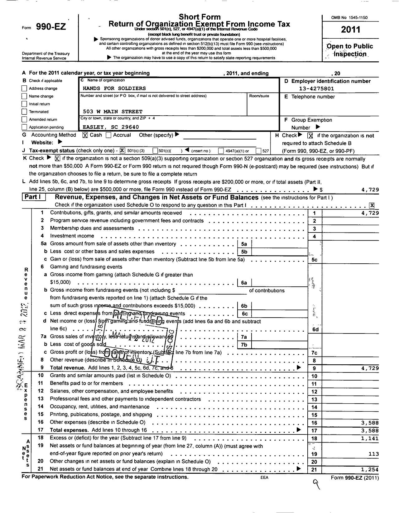 Image of first page of 2011 Form 990EZ for Hands for Soldiers