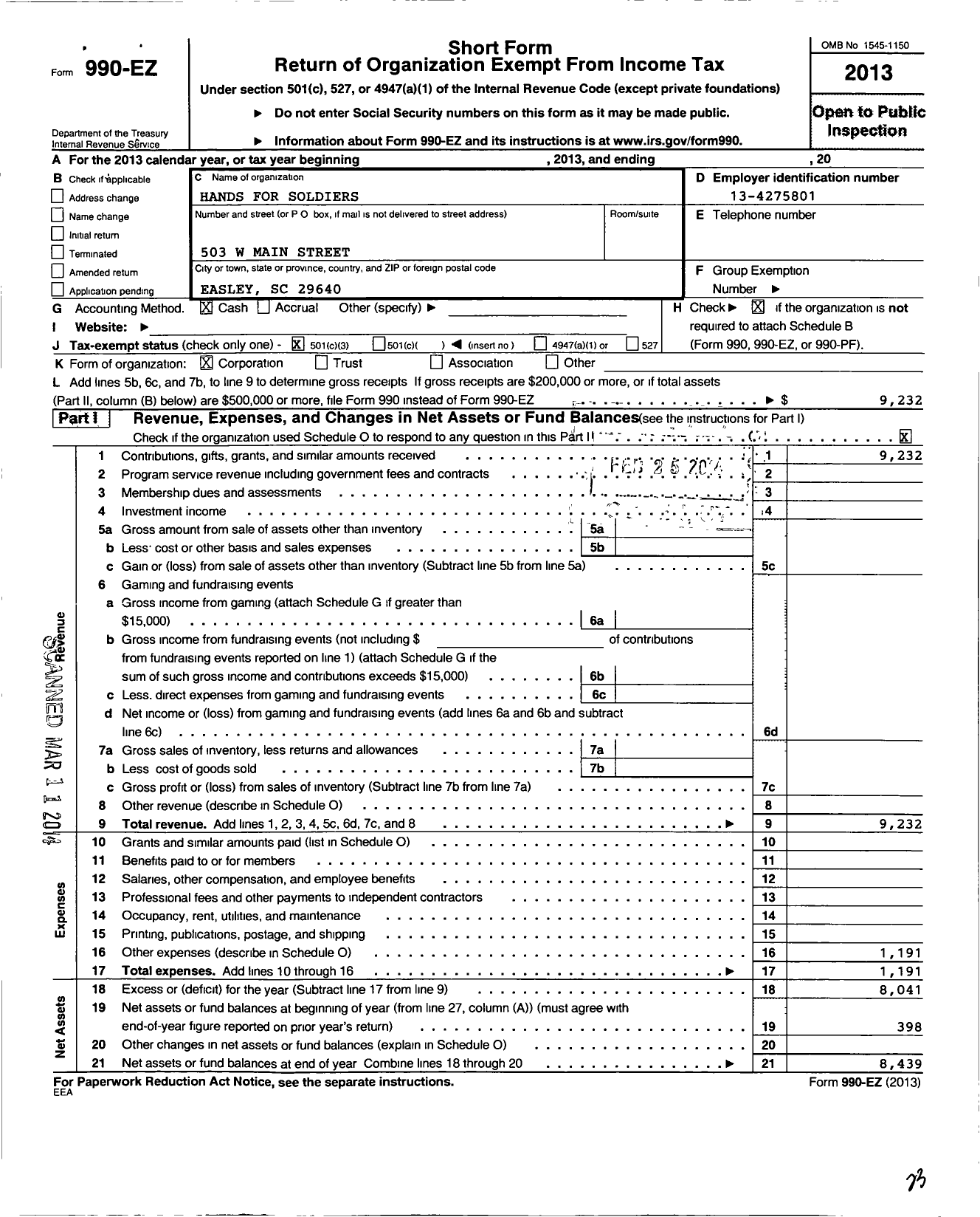 Image of first page of 2013 Form 990EZ for Hands for Soldiers