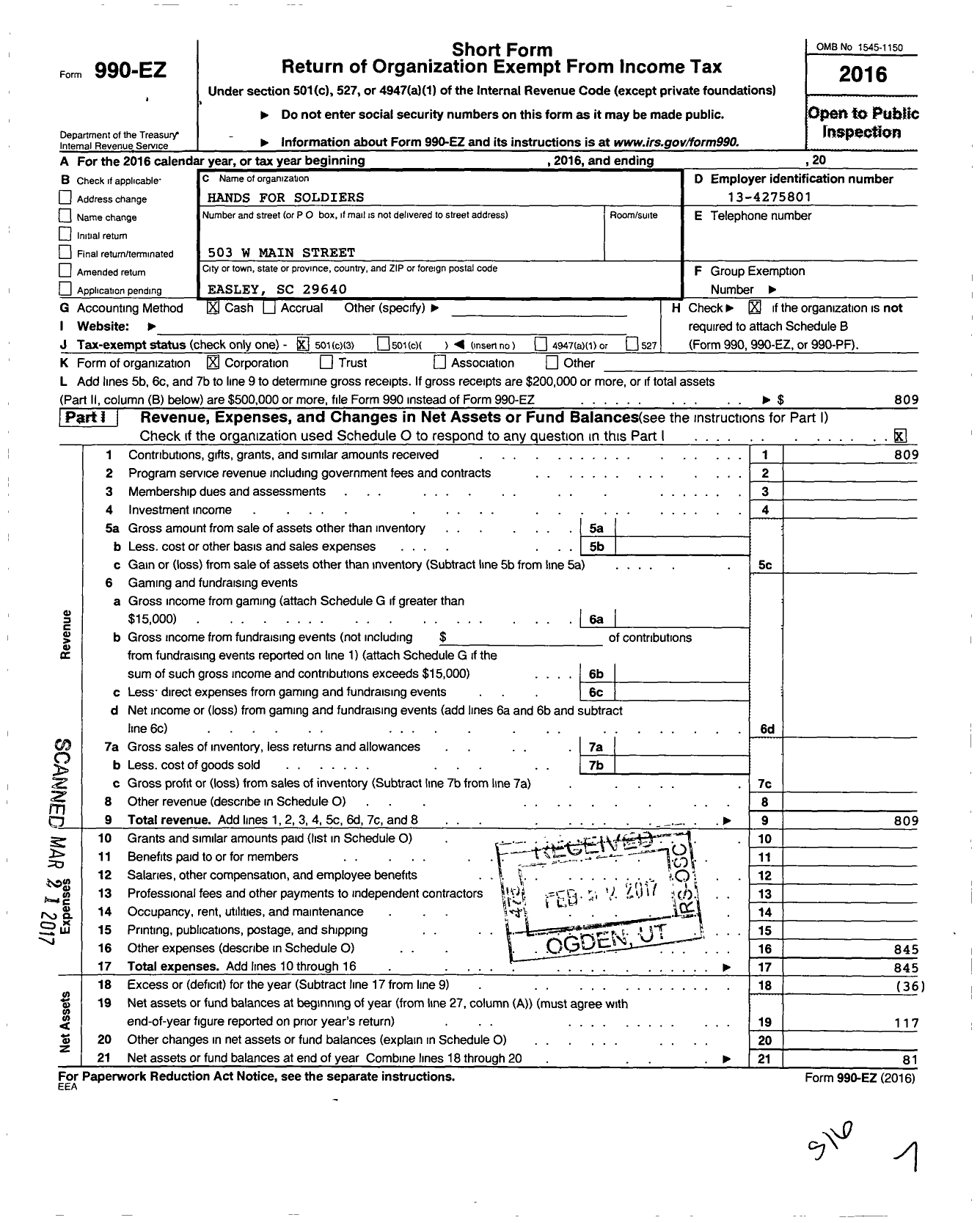 Image of first page of 2016 Form 990EZ for Hands for Soldiers