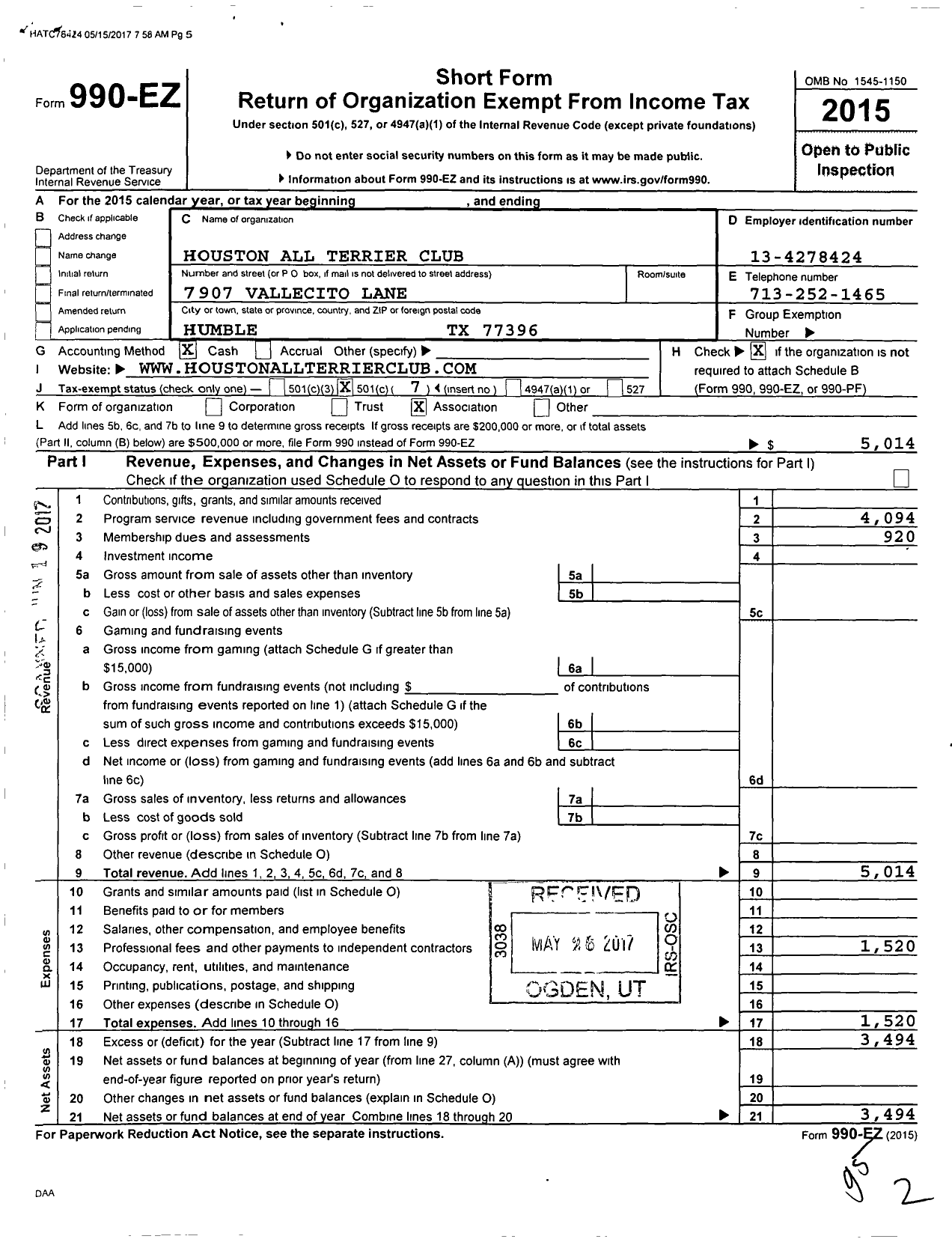 Image of first page of 2015 Form 990EO for Houston All Terrier Club