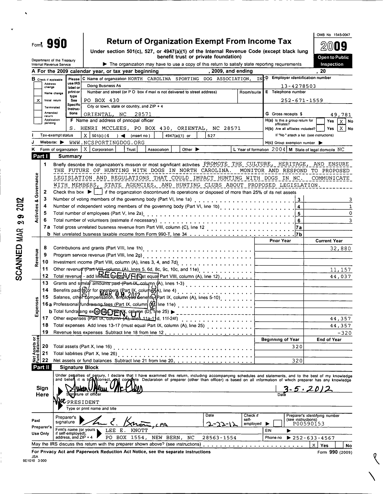 Image of first page of 2009 Form 990O for North Carolina Sporting Dog Association