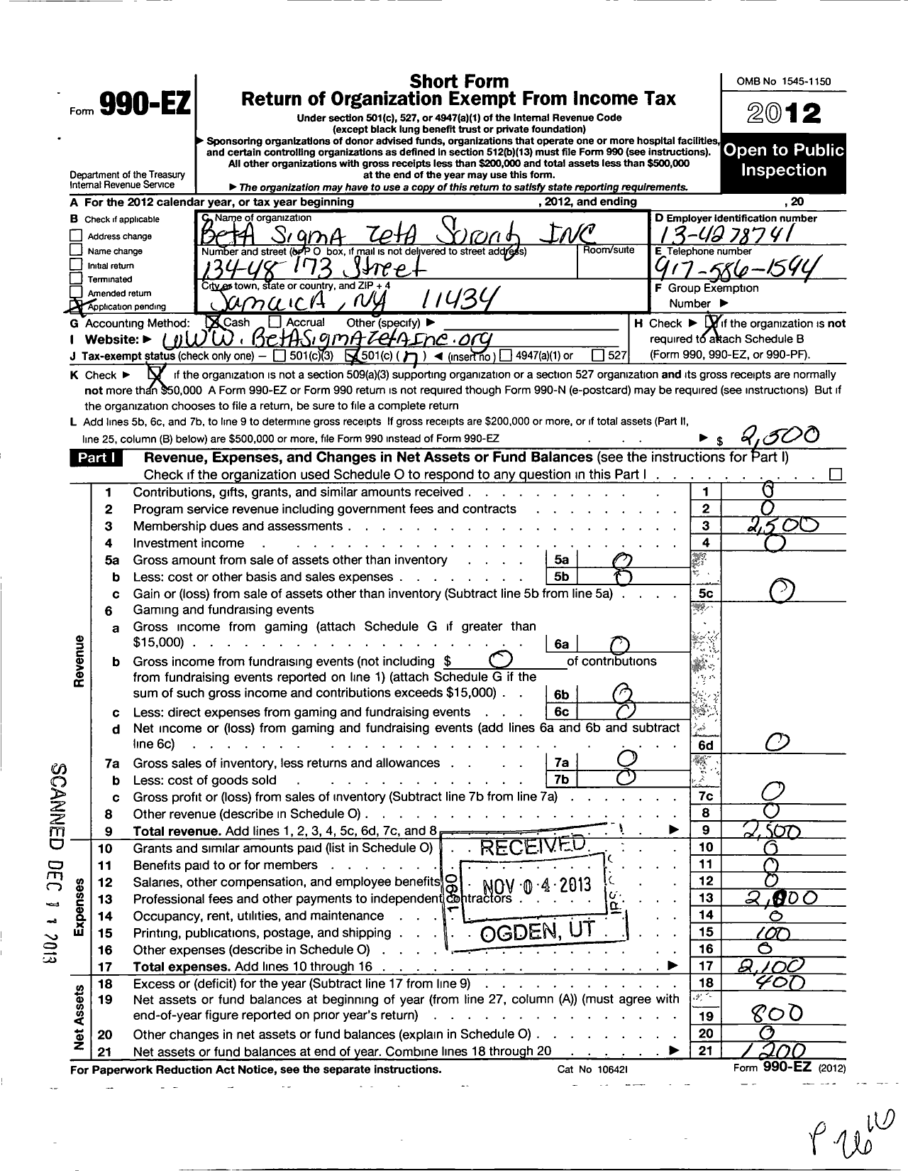 Image of first page of 2012 Form 990EO for Beta Sigma Zeta Sorority Incorporated