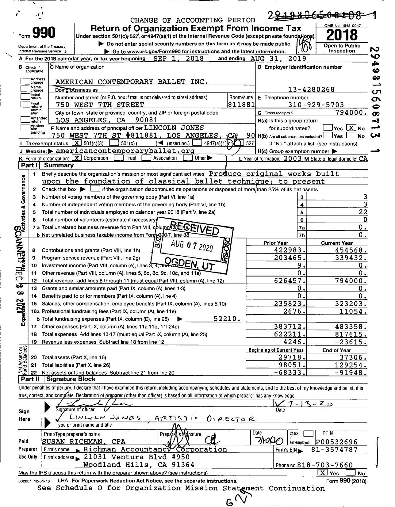 Image of first page of 2018 Form 990 for American Contemporary Ballet