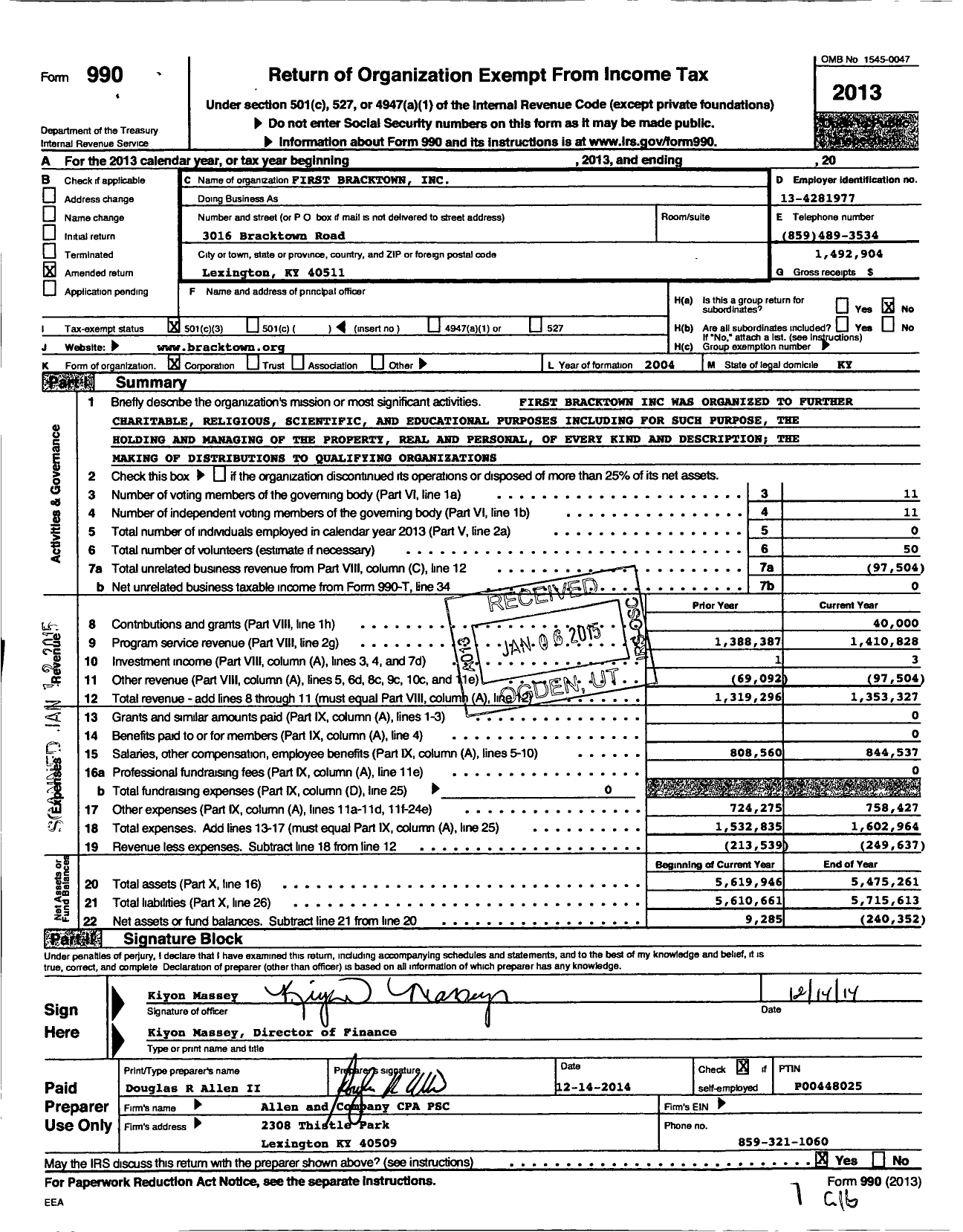 Image of first page of 2013 Form 990 for First Bracktown