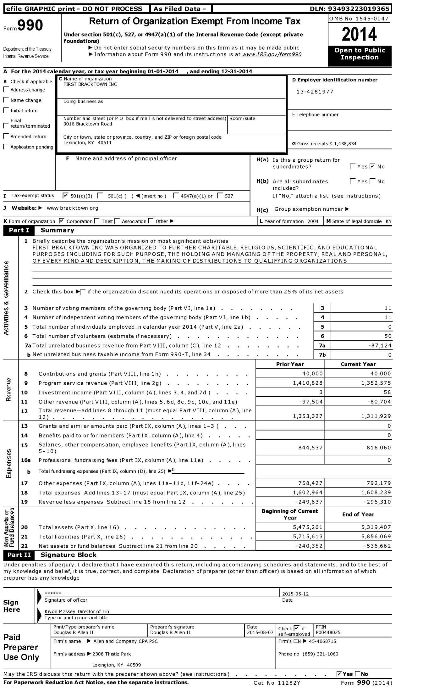 Image of first page of 2014 Form 990 for First Bracktown