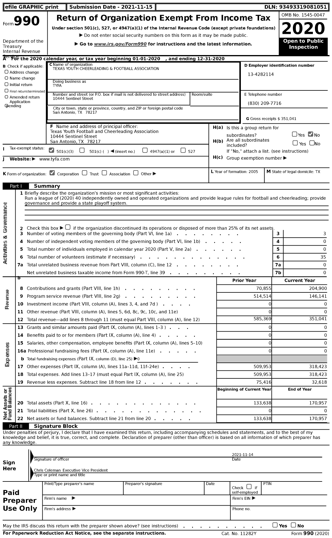 Image of first page of 2020 Form 990 for Texas Youth Cheerleading and Football Association (TYFA)