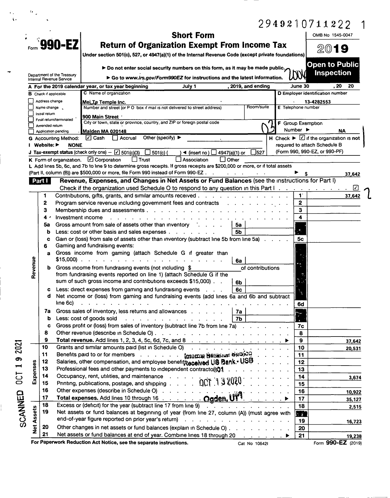 Image of first page of 2019 Form 990EZ for Mei Te Temple