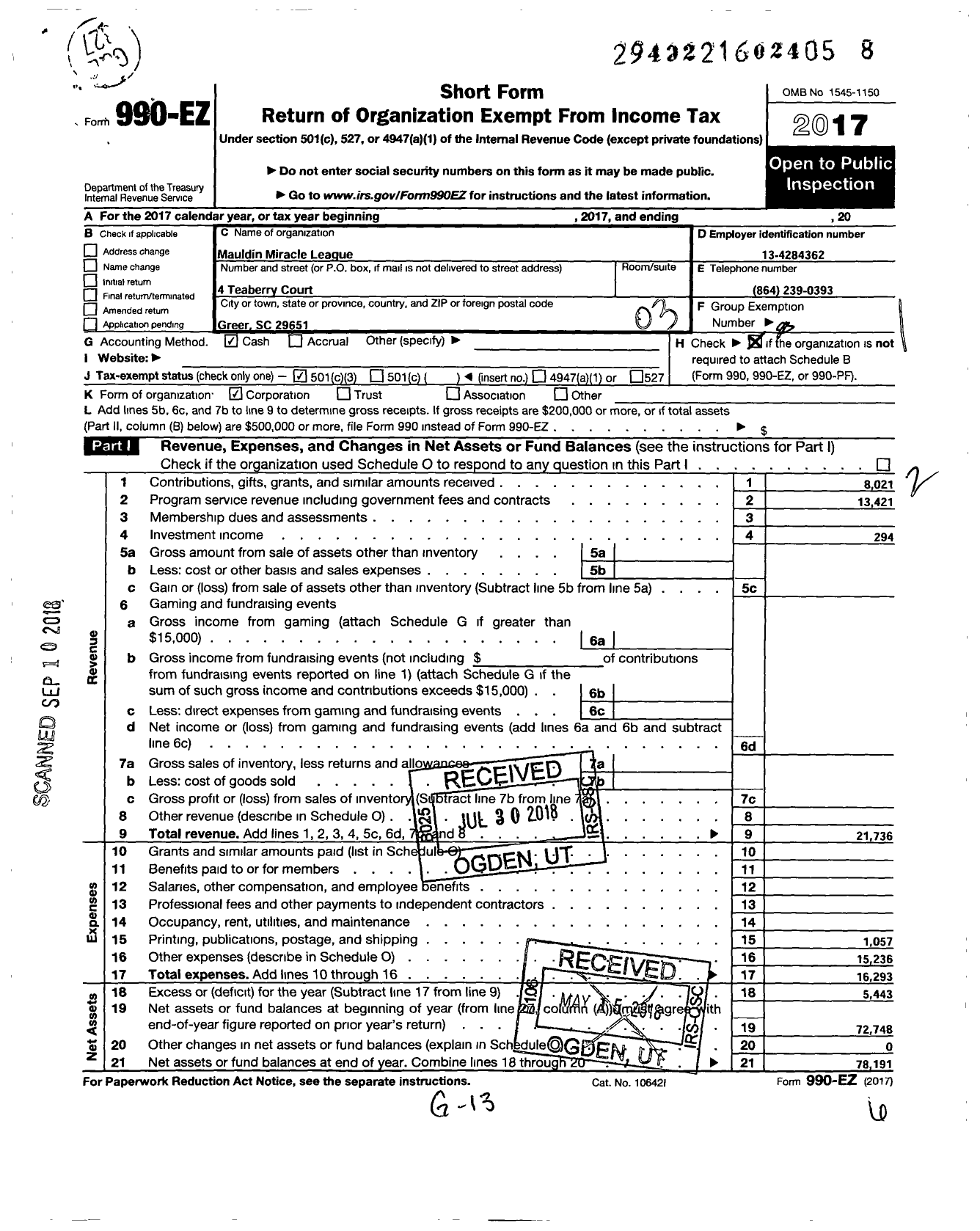 Image of first page of 2017 Form 990EZ for Mauldin Miracle League