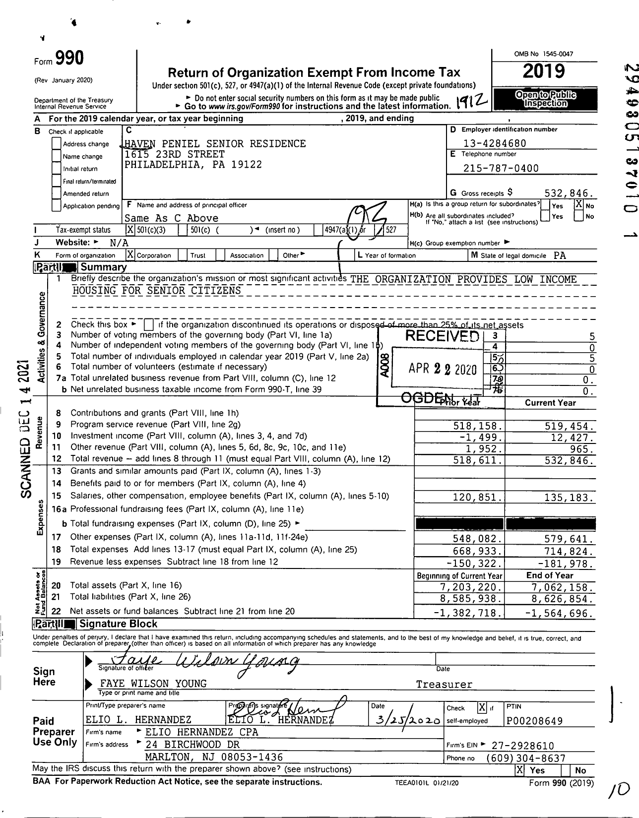 Image of first page of 2019 Form 990 for Haven Peniel Senior Residence