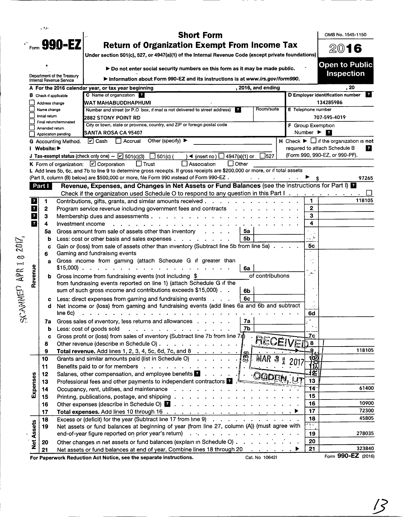 Image of first page of 2016 Form 990EZ for Wat Mahabuddhaphumi