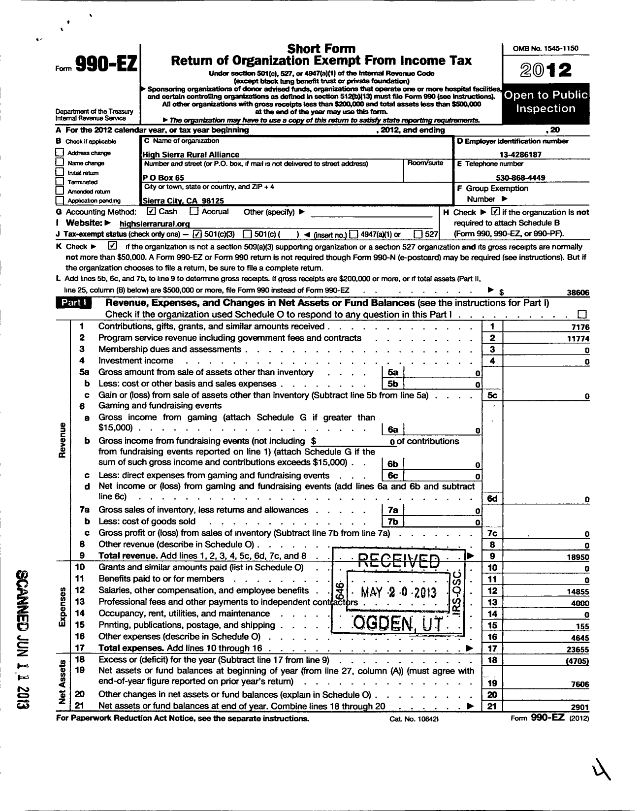 Image of first page of 2012 Form 990EZ for High Sierra Rural Alliance