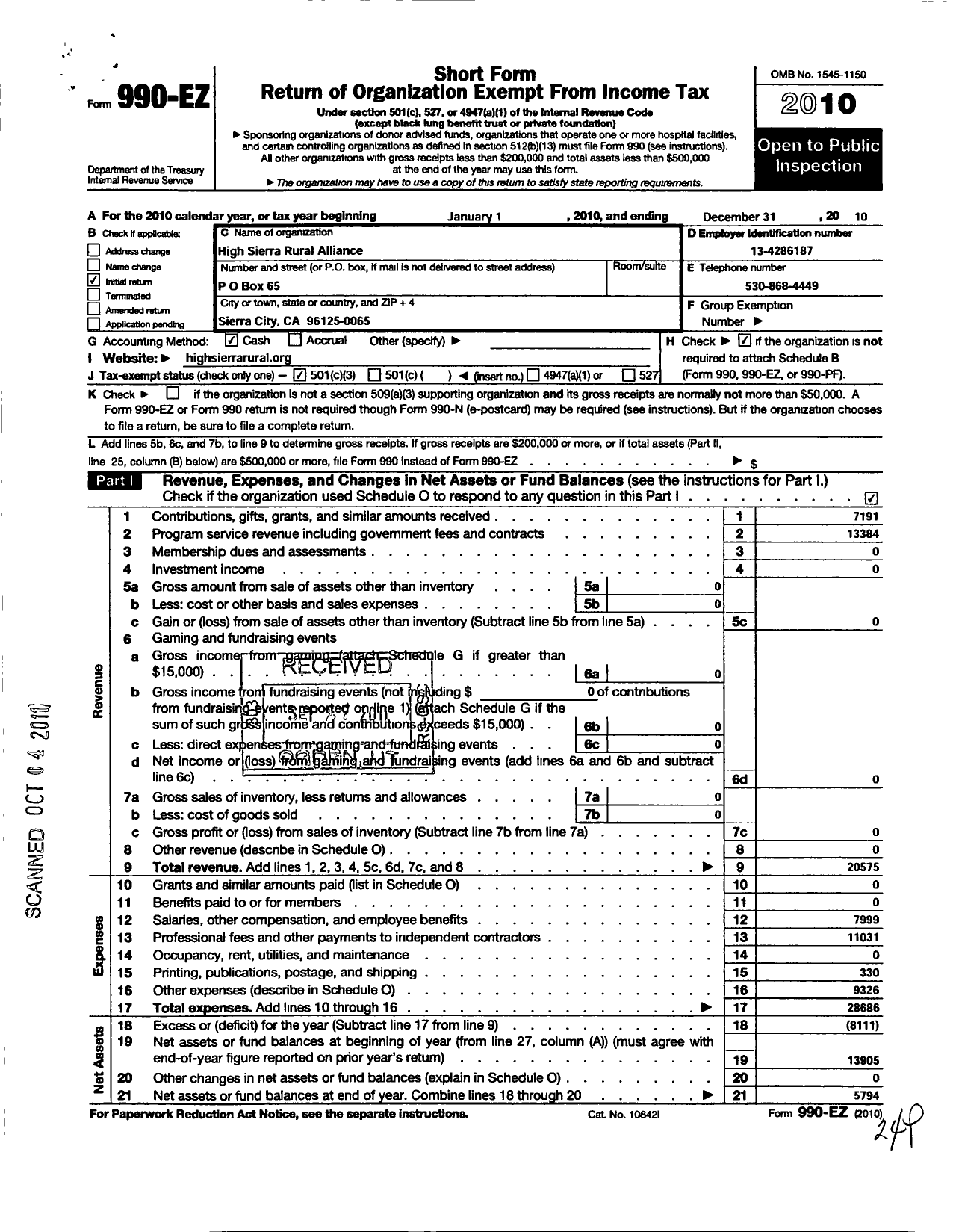 Image of first page of 2010 Form 990EZ for High Sierra Rural Alliance