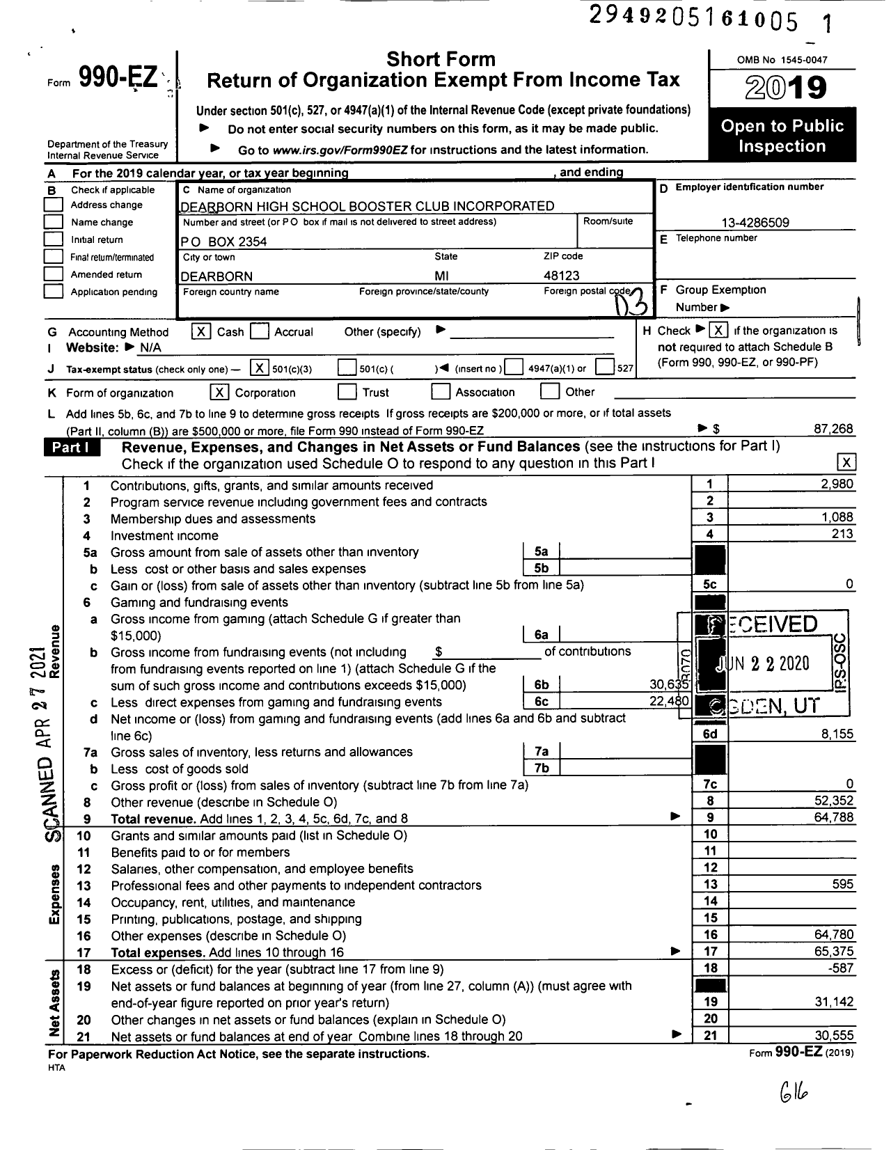 Image of first page of 2019 Form 990EZ for Dearborn High School Booster Club Incorporated