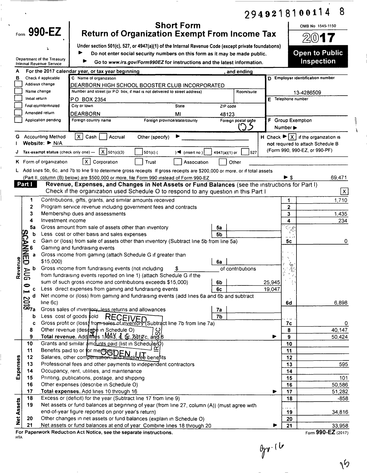 Image of first page of 2017 Form 990EZ for Dearborn High School Booster Club Incorporated