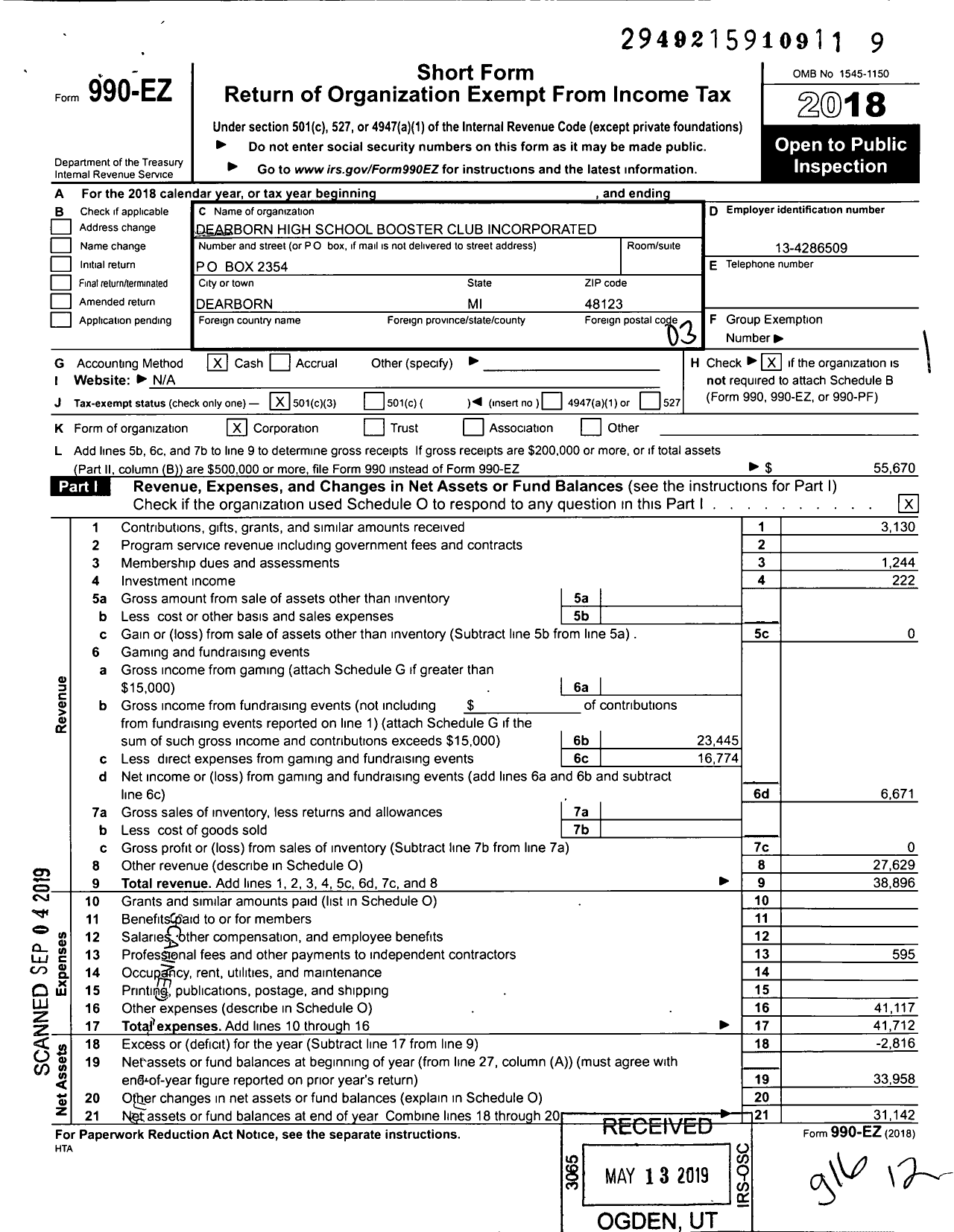 Image of first page of 2018 Form 990EZ for Dearborn High School Booster Club Incorporated