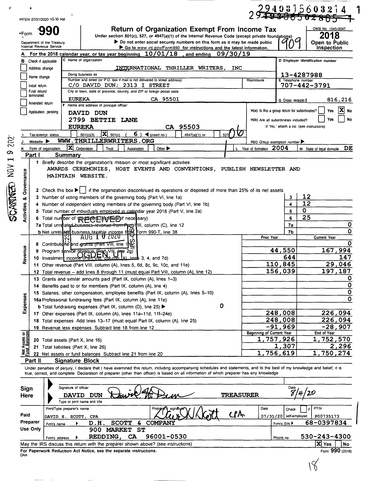 Image of first page of 2018 Form 990O for International Thriller Writers