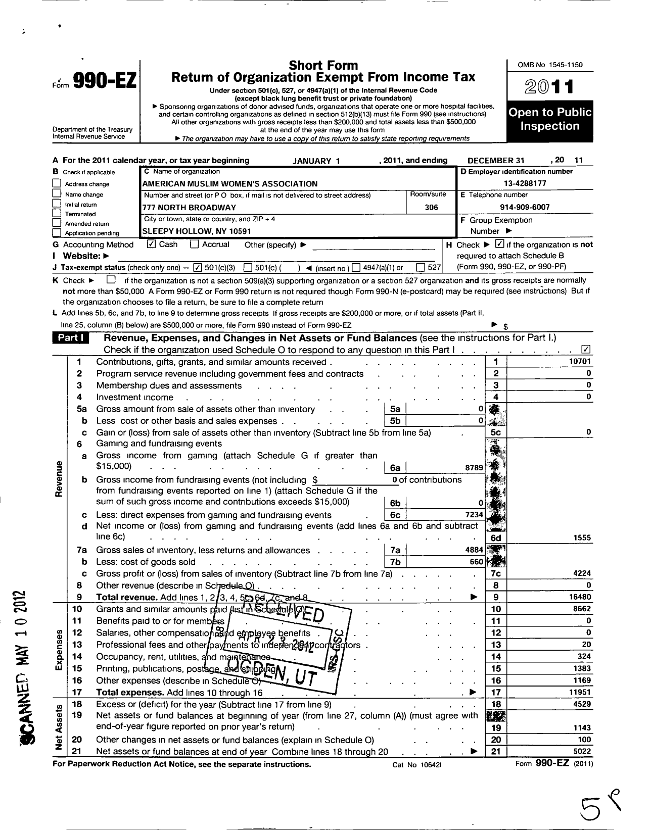 Image of first page of 2011 Form 990EZ for American Muslim Womens Association (AMWA)