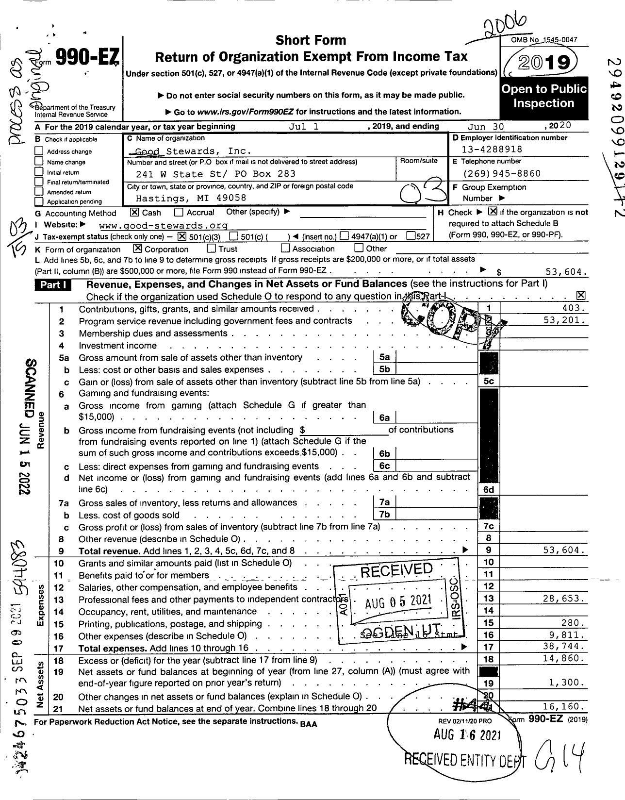 Image of first page of 2019 Form 990EZ for Good Stewards