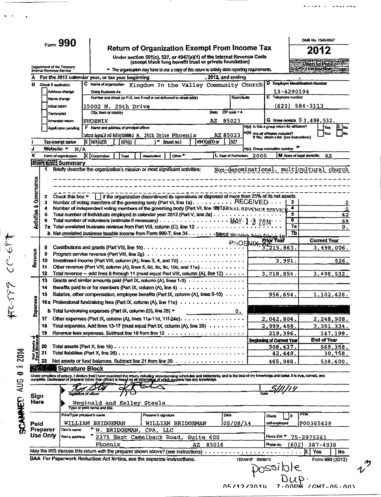 Image of first page of 2012 Form 990 for Kingdom in the Valley Community Church