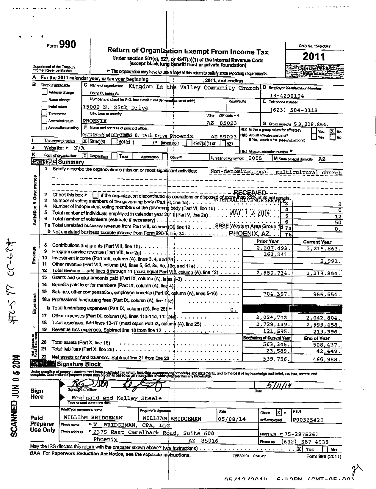 Image of first page of 2011 Form 990 for Kingdom in the Valley Community Church