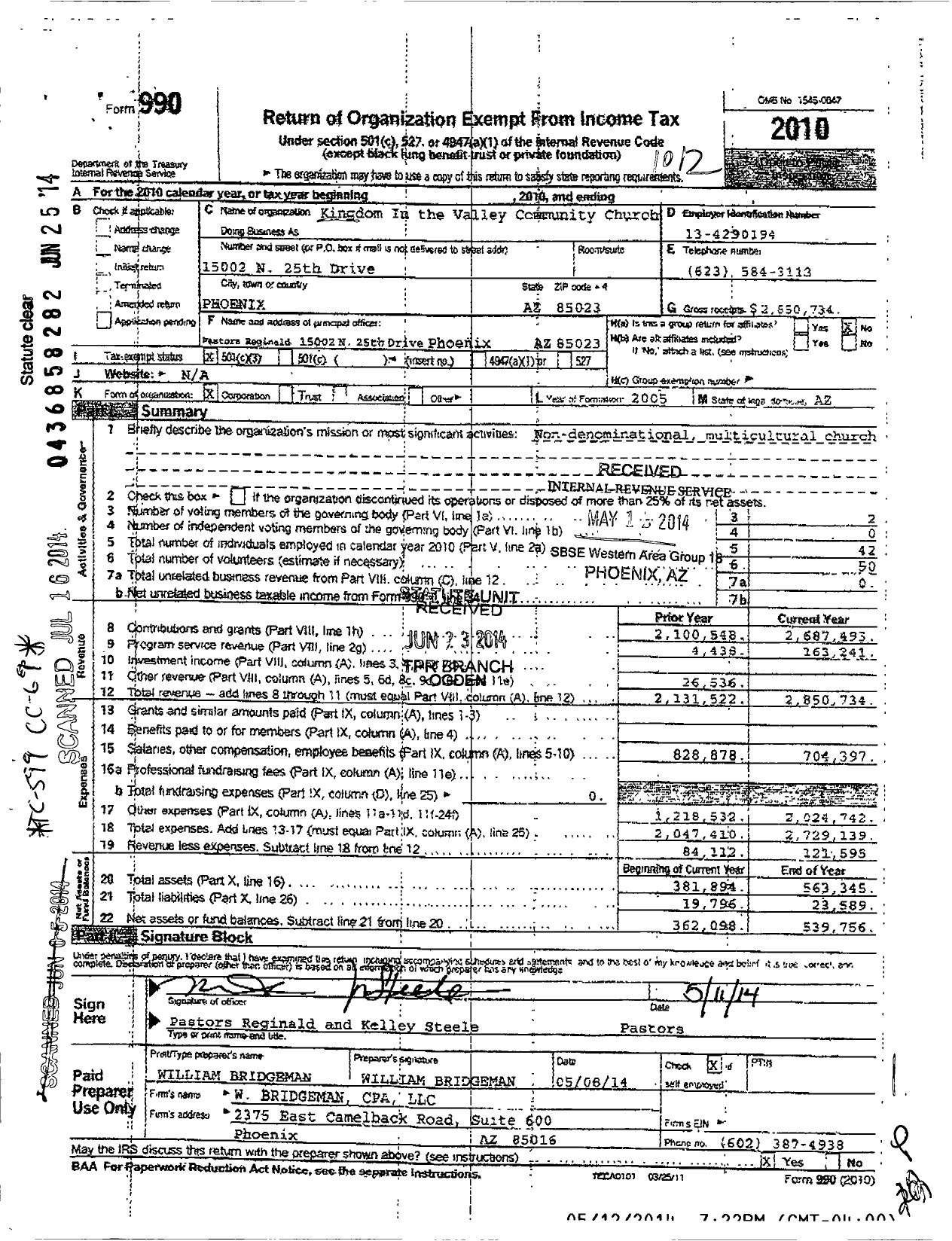 Image of first page of 2010 Form 990 for Kingdom in the Valley Community Church