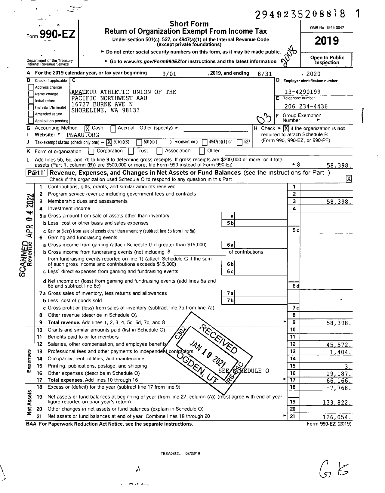 Image of first page of 2019 Form 990EZ for Amateur Athletic Union - Pacific Northwest AAU