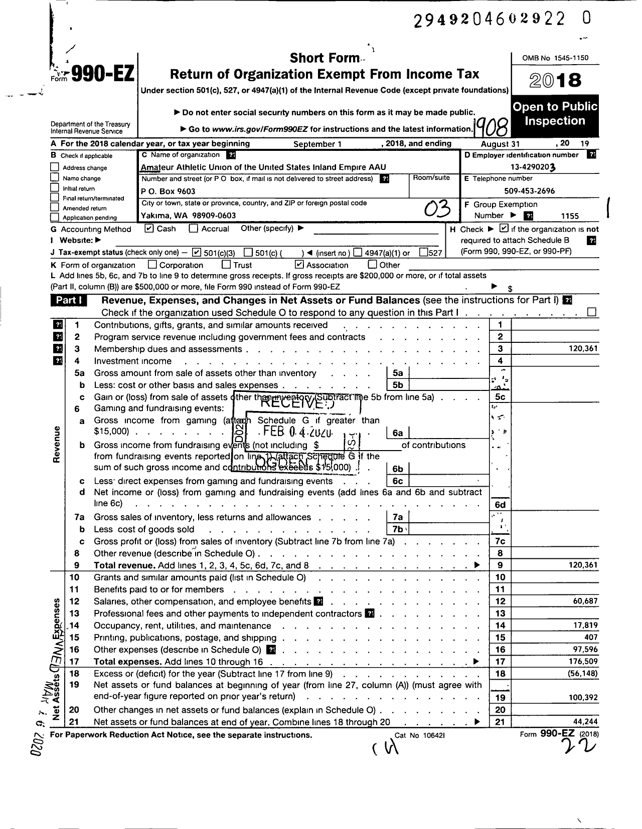 Image of first page of 2018 Form 990EZ for Amateur Athletic Union - Inland Empire AAU