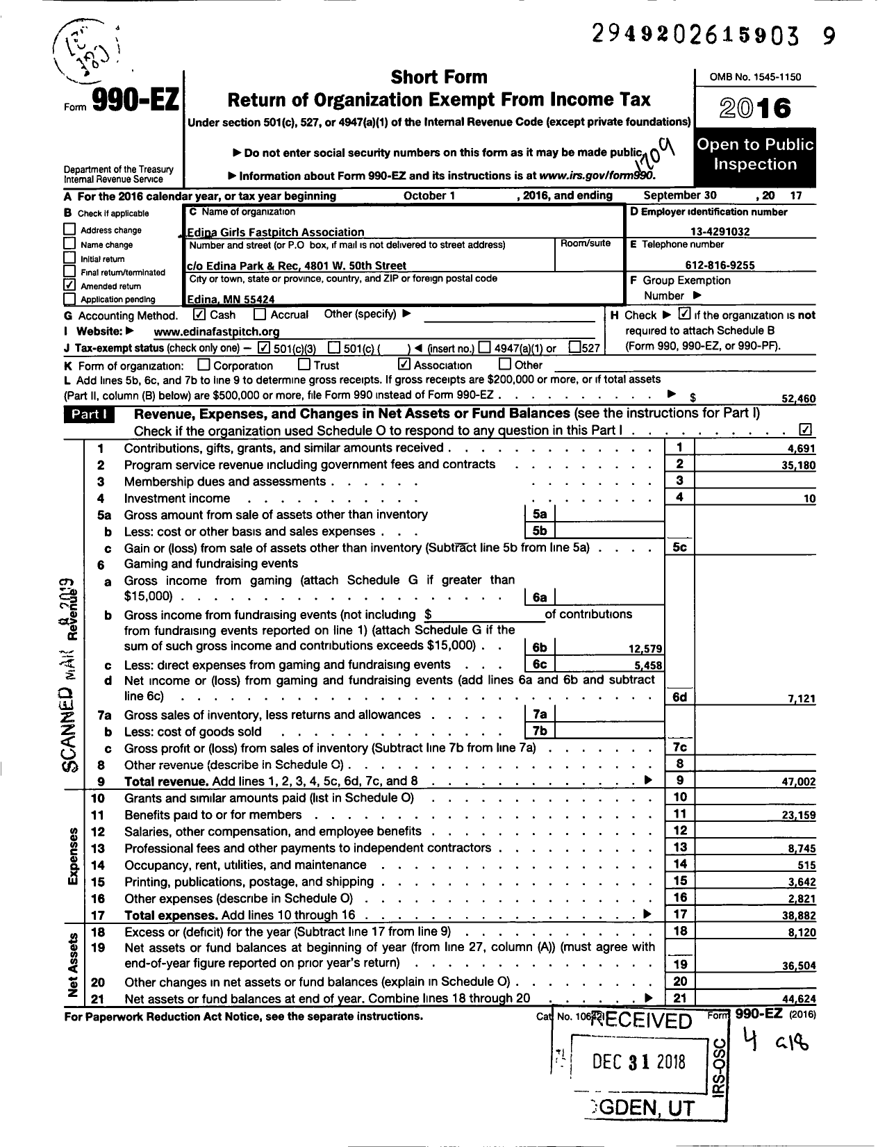 Image of first page of 2016 Form 990EZ for Edina Girls Fastpitch Pitch Association