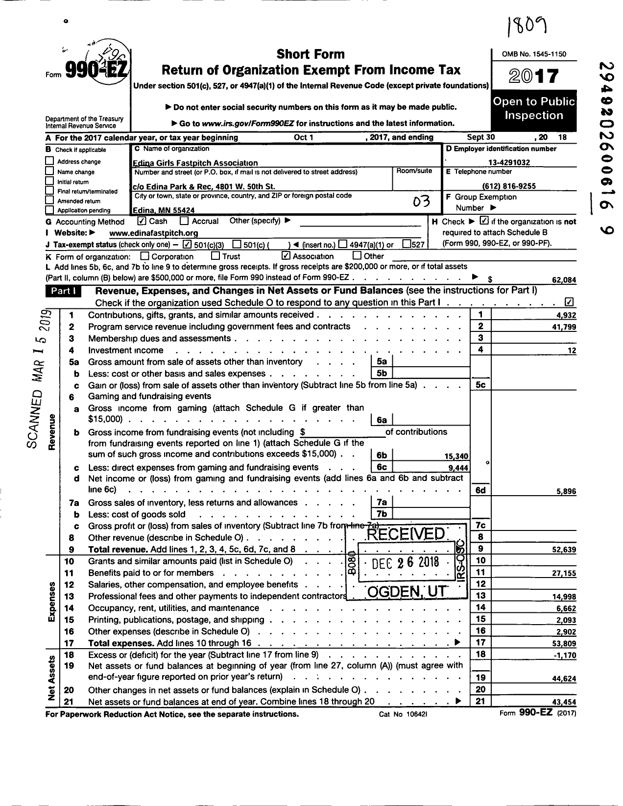 Image of first page of 2017 Form 990EZ for Edina Girls Fastpitch Pitch Association