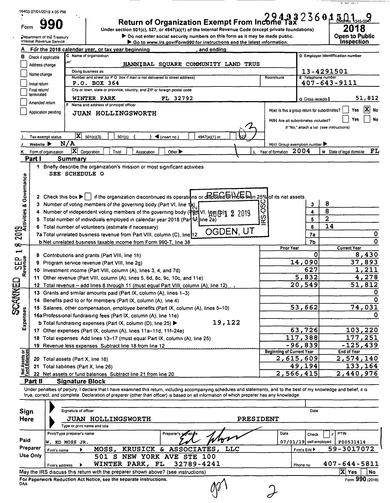 Image of first page of 2018 Form 990 for Hannibal Square Community Land Trust