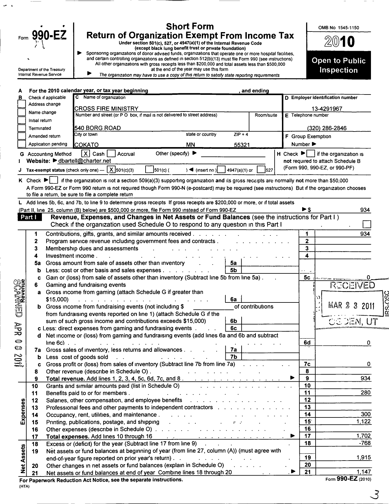 Image of first page of 2010 Form 990EZ for Cross Fire Ministry