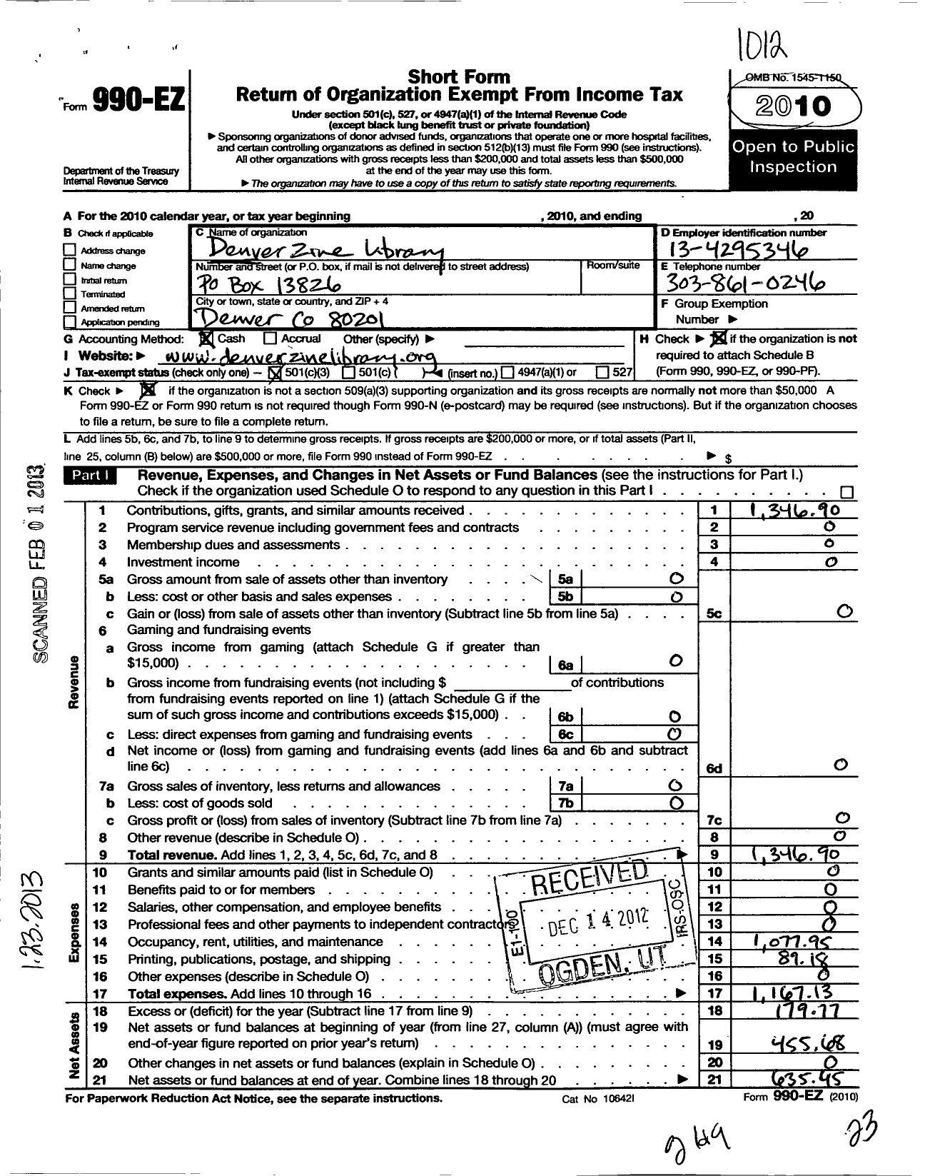 Image of first page of 2010 Form 990EZ for Denver Zine Library