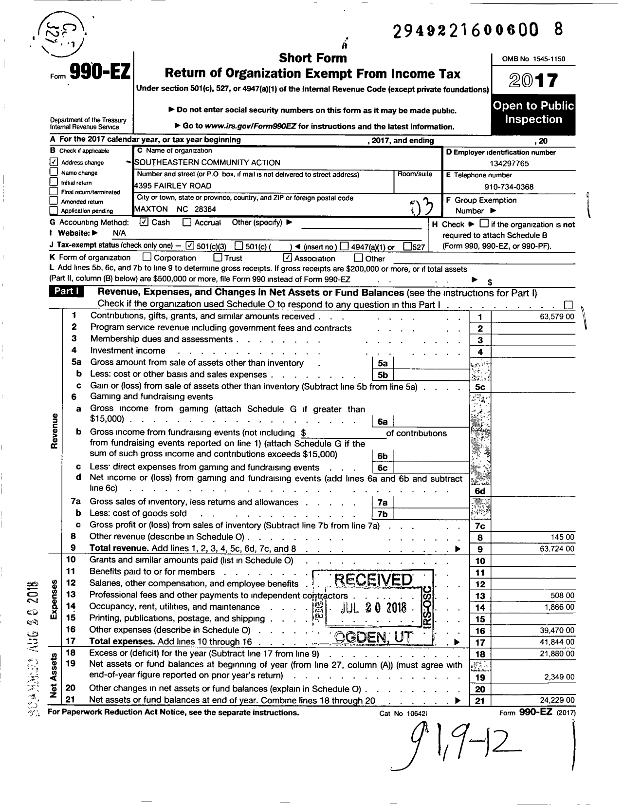 Image of first page of 2017 Form 990EZ for Southeastern Community Action