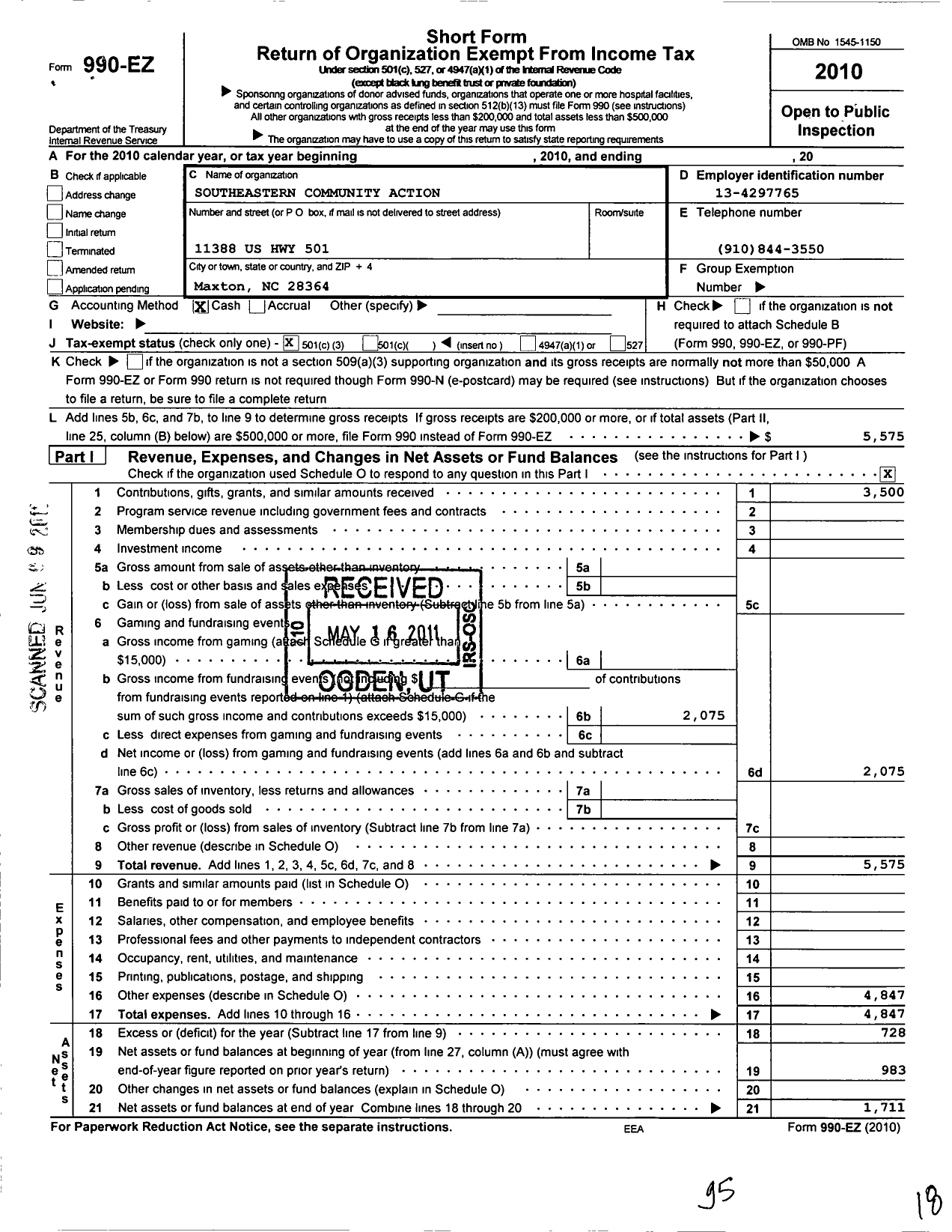 Image of first page of 2010 Form 990EZ for Southeastern Community Action