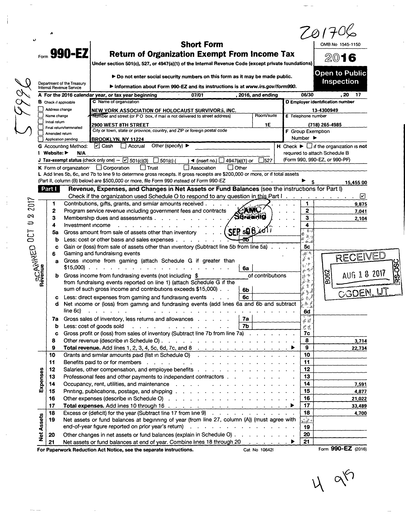 Image of first page of 2016 Form 990EZ for New York Association of Holocaust Survivors