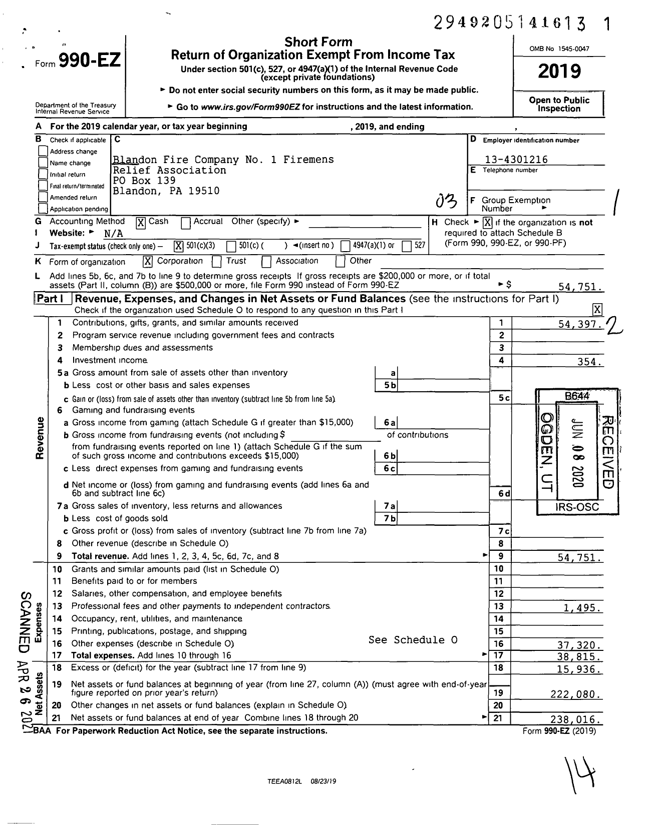 Image of first page of 2019 Form 990EZ for Blandon Fire Company No 1 Firemens Relief Association