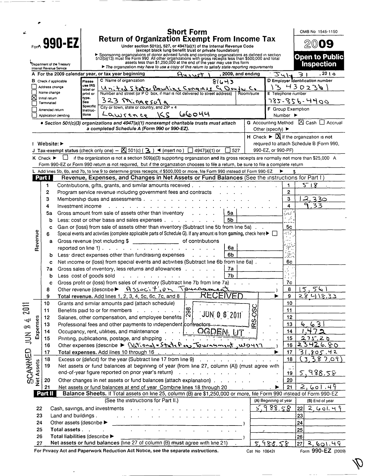 Image of first page of 2009 Form 990EZ for United States Bowling Congress - 81643 Gr Douglas County USBC