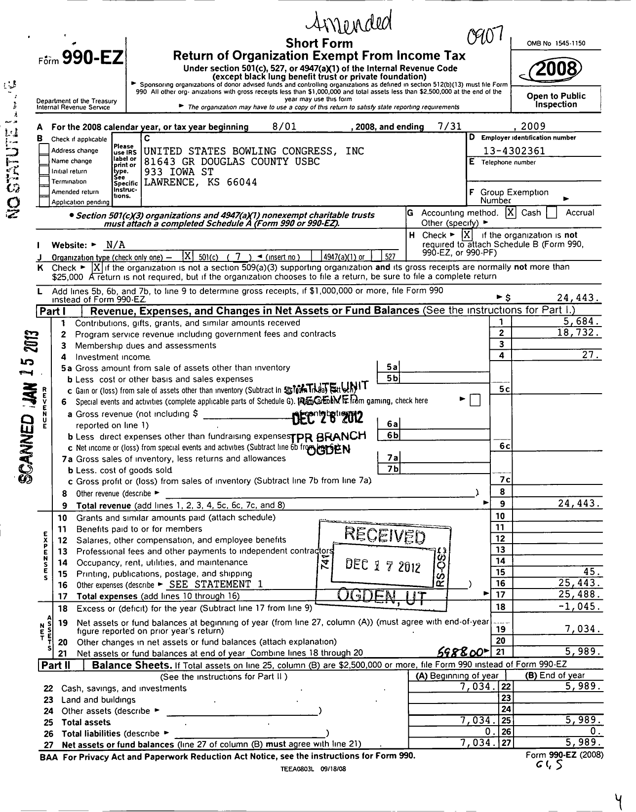 Image of first page of 2008 Form 990EO for United States Bowling Congress - 81643 Gr Douglas County USBC