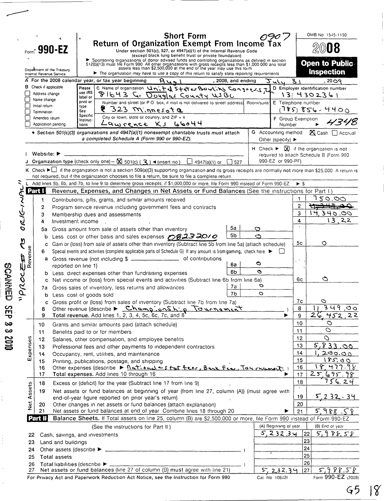 Image of first page of 2008 Form 990EZ for United States Bowling Congress - 81643 Gr Douglas County USBC