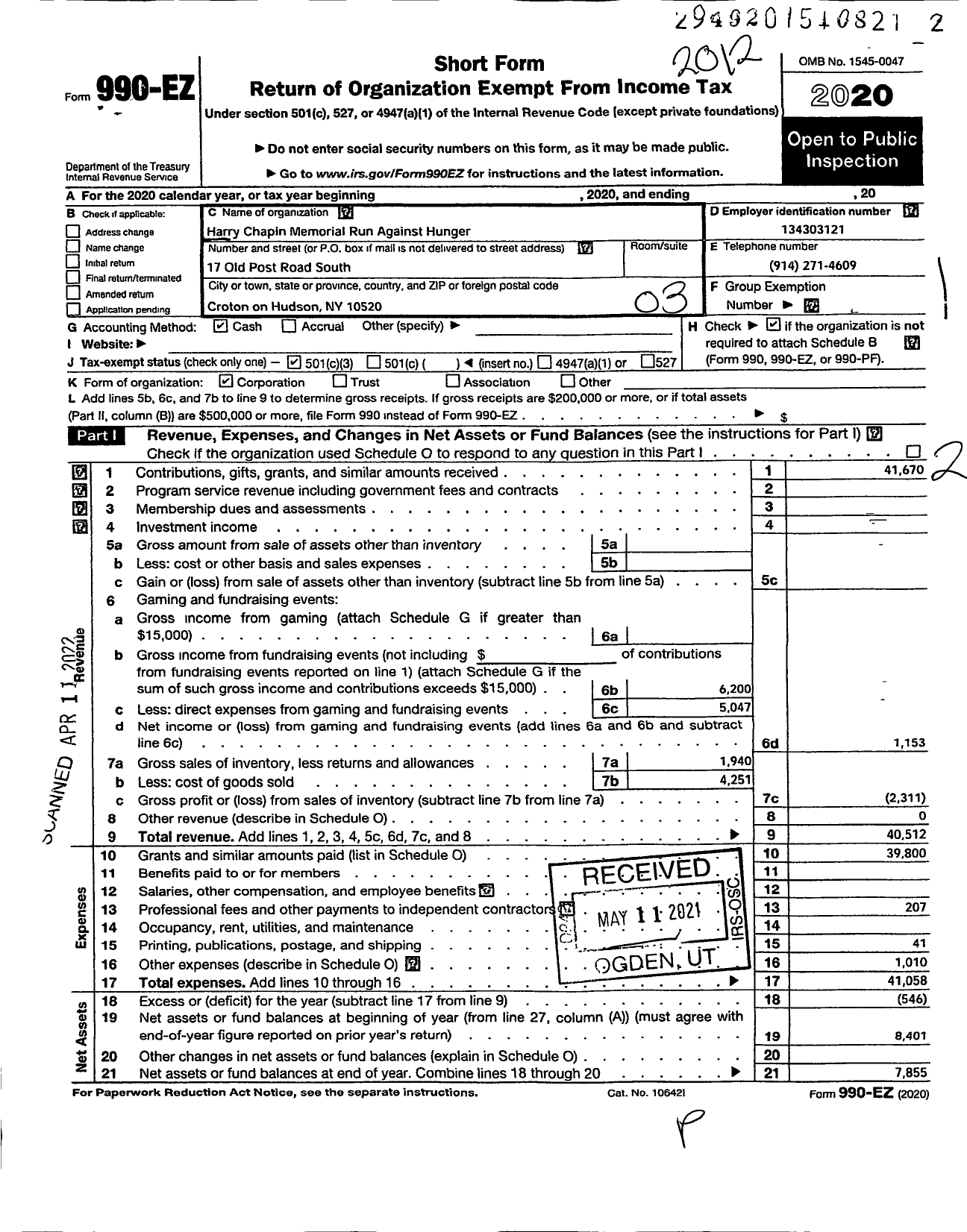 Image of first page of 2020 Form 990EZ for Harry Chapin Memorial Run Against Hunger