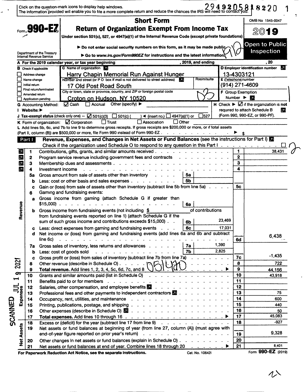 Image of first page of 2019 Form 990EZ for Harry Chapin Memorial Run Against Hunger