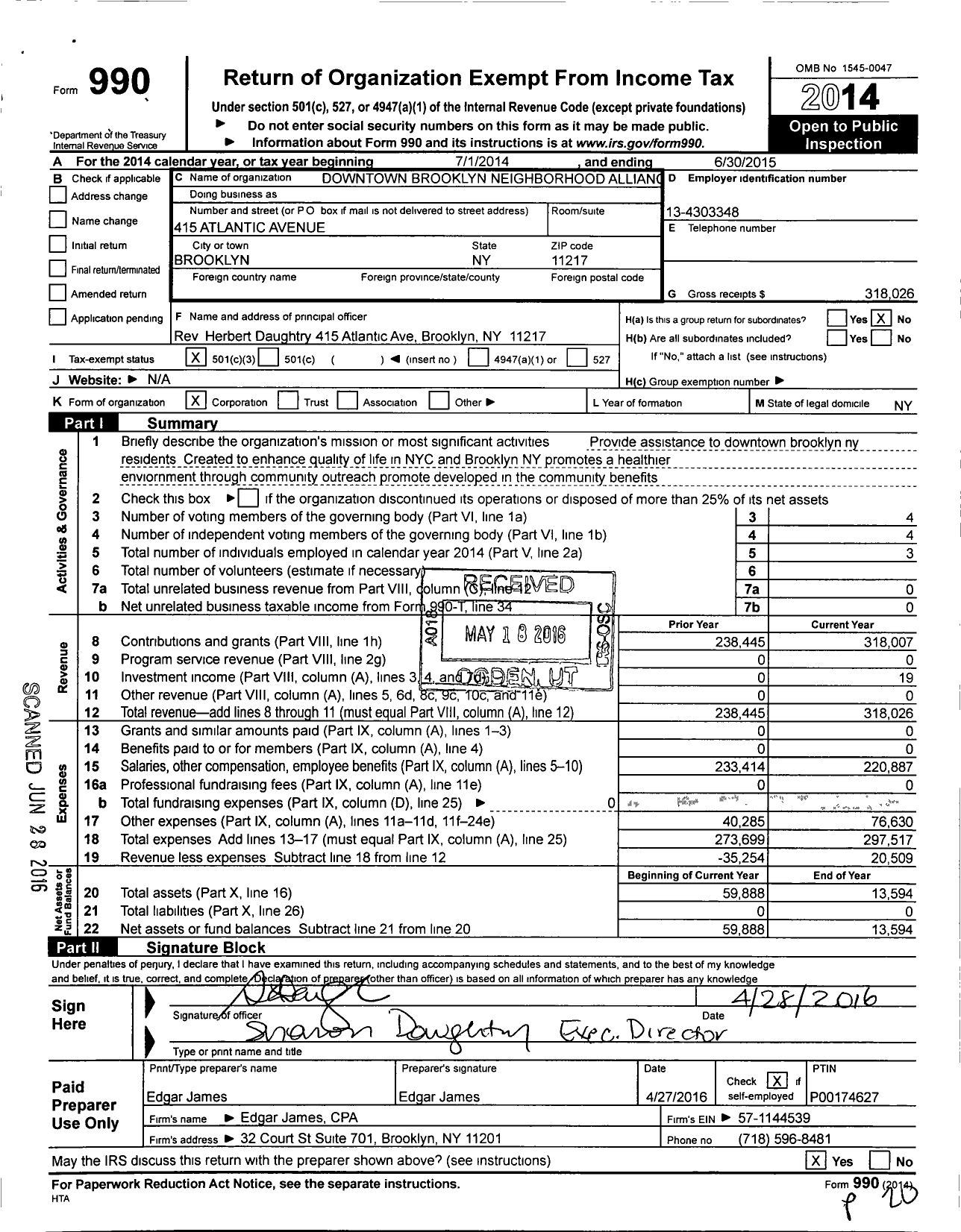 Image of first page of 2014 Form 990 for Downtown Brooklyn Neighborhood Alliance